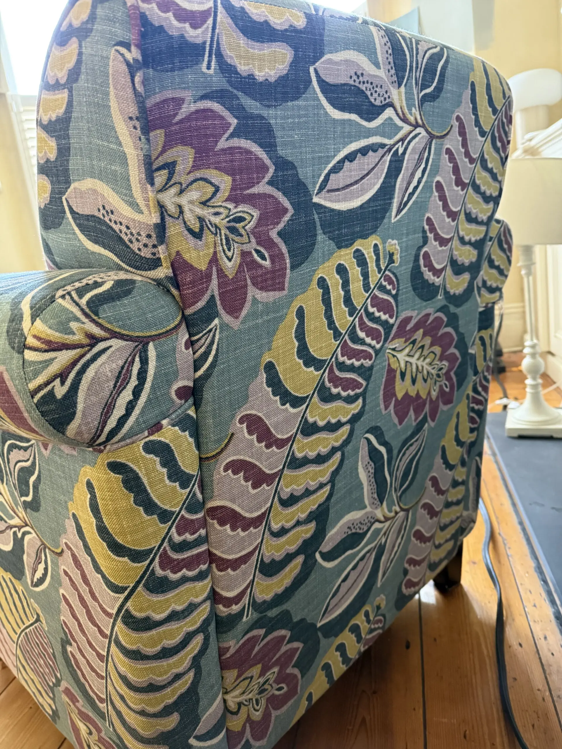 Armchair in Sanderson Fitzroy Designer Fabric Blue, Mauve, Yellow