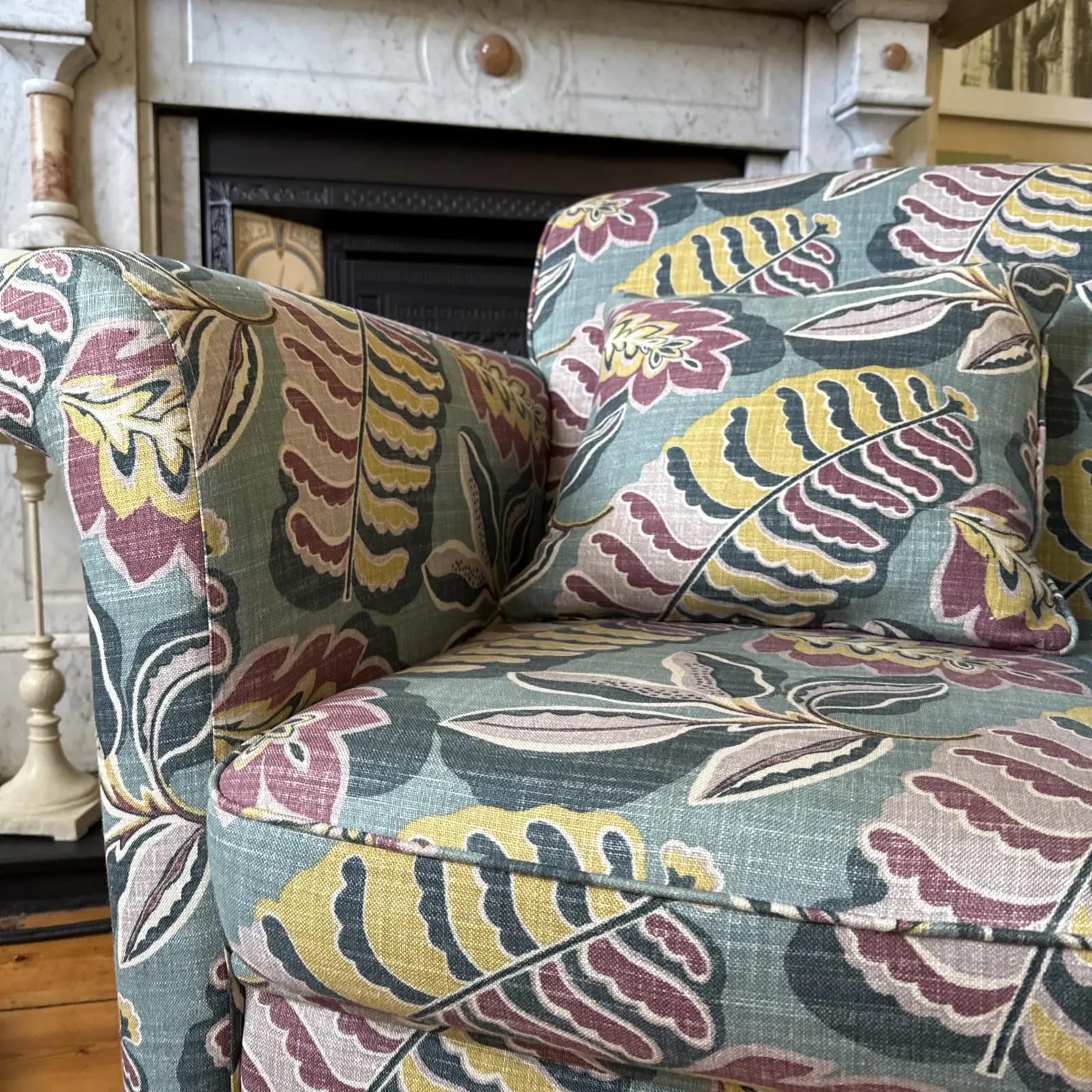 Armchair in Sanderson Fitzroy Designer Fabric Blue, Mauve, Yellow