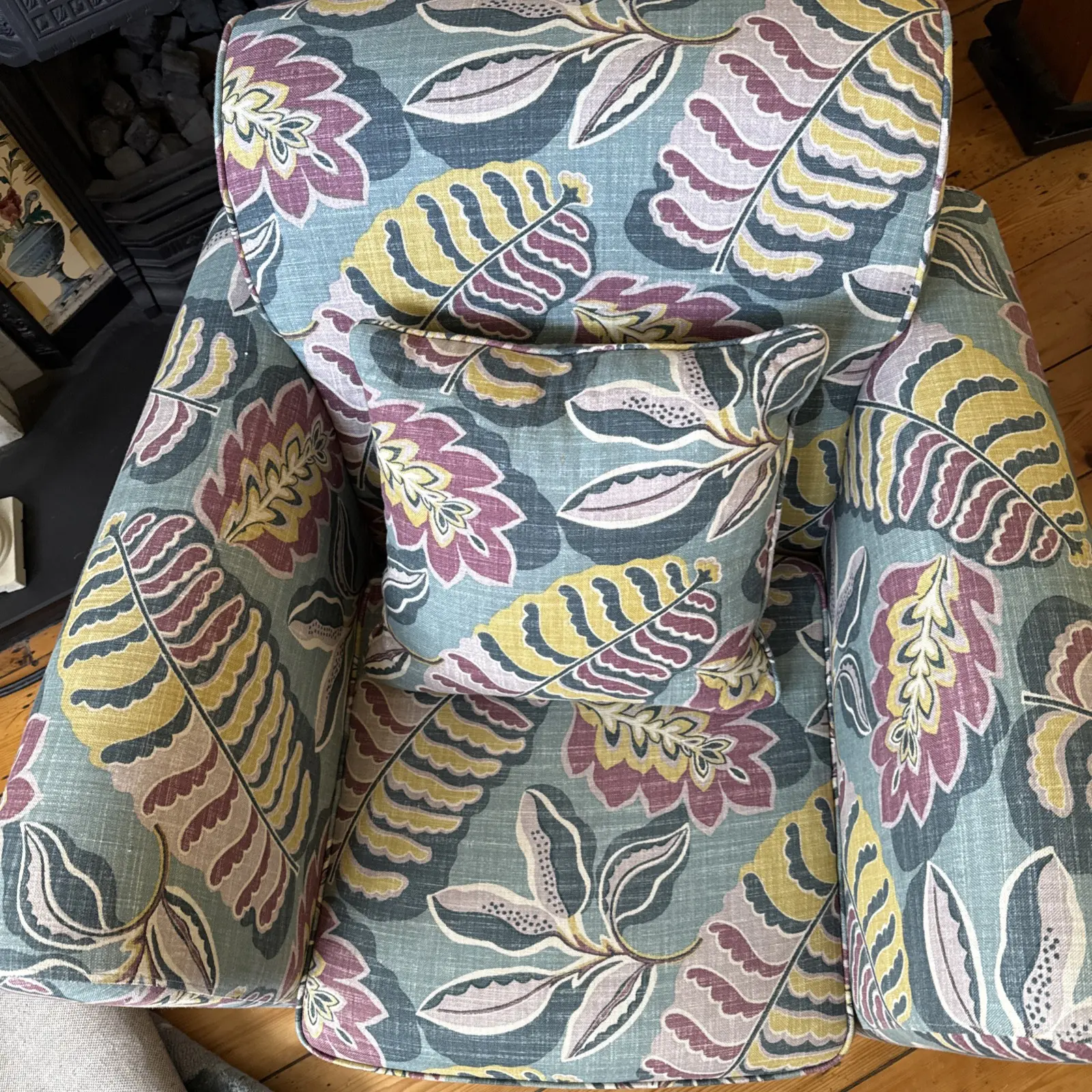 Armchair in Sanderson Fitzroy Designer Fabric Blue, Mauve, Yellow