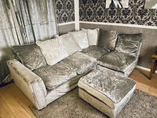DFS champagne velvet corner sofa with stool and chair