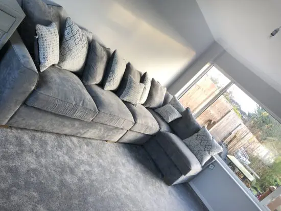 Large Charcoal Pillow Back Corner Chaise Sofa Set – Includes Footstool & Snuggle Chair