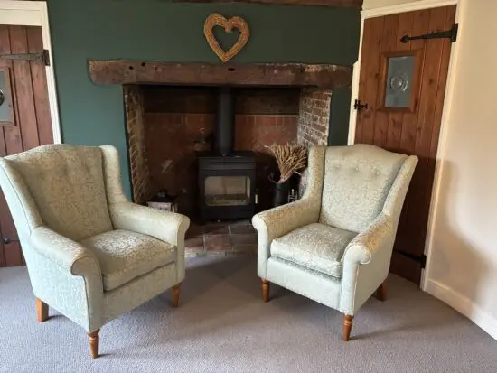 Pair of Laura Ashley Wing-Back Armchairs – Willow-leaf style fabric, great condition