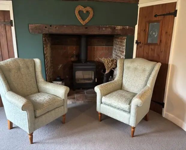 Pair of Laura Ashley Wing-Back Armchairs – Willow-leaf style fabric, great condition