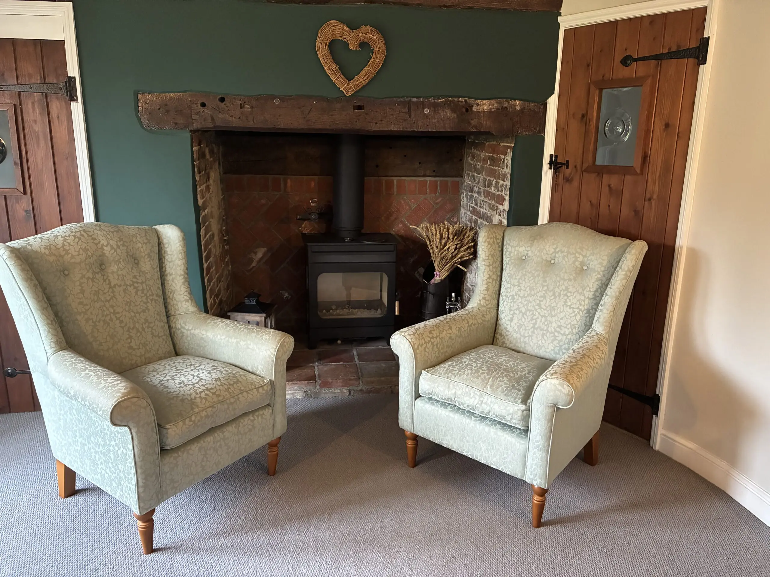 Pair of Laura Ashley Wing-Back Armchairs – Willow-leaf style fabric, great condition