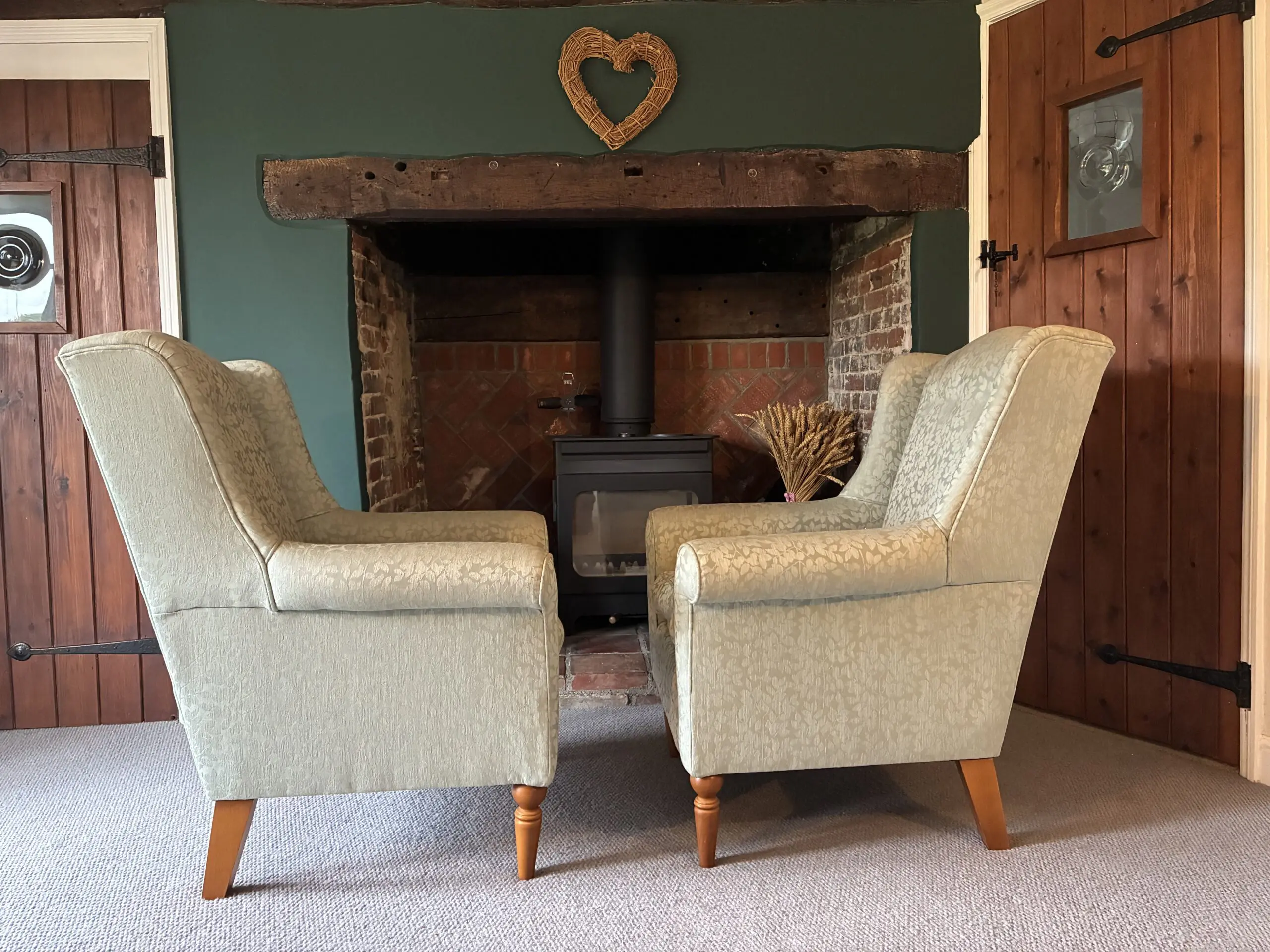 Pair of Laura Ashley Wing-Back Armchairs – Willow-leaf style fabric, great condition
