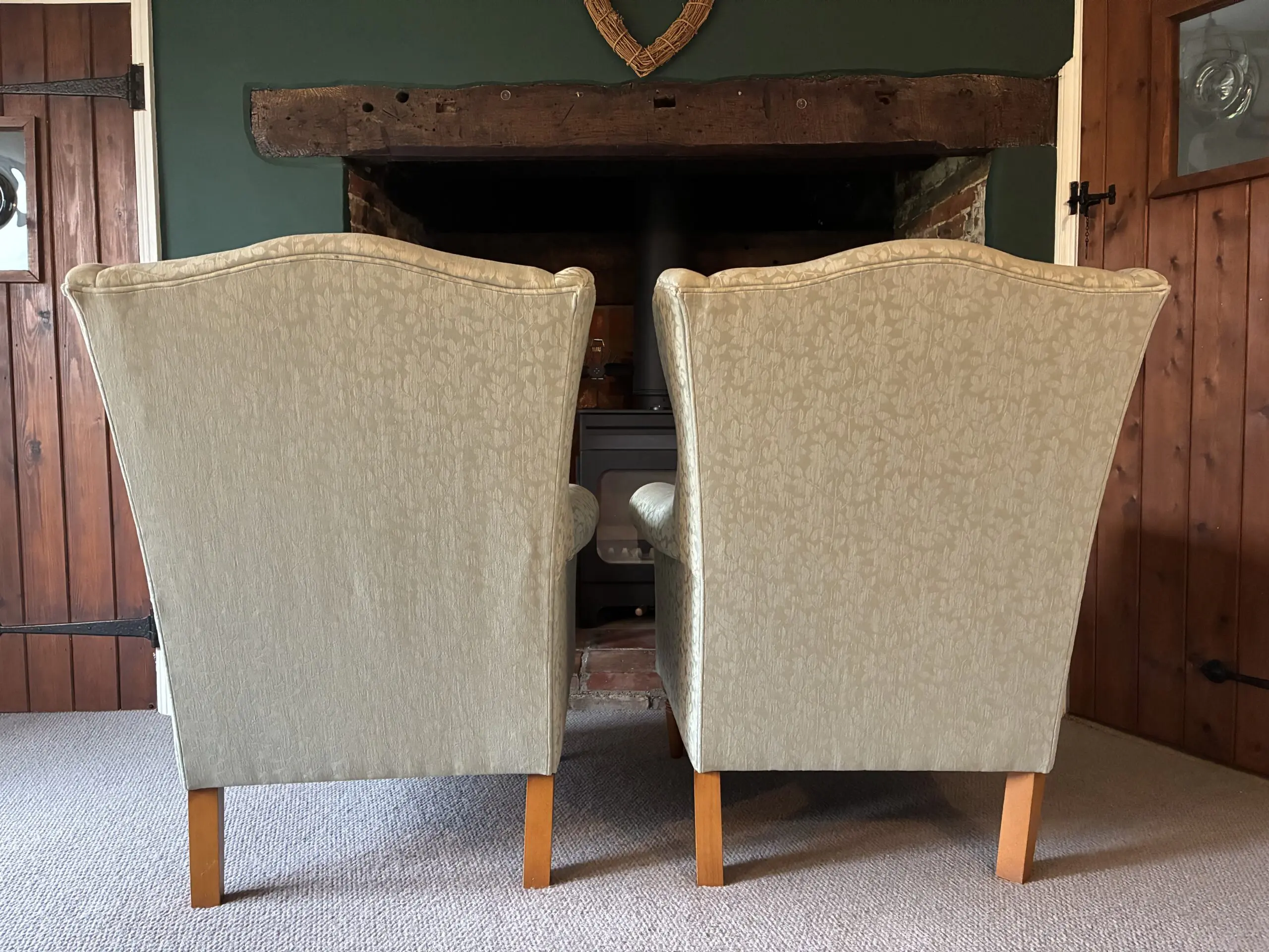 Pair of Laura Ashley Wing-Back Armchairs – Willow-leaf style fabric, great condition