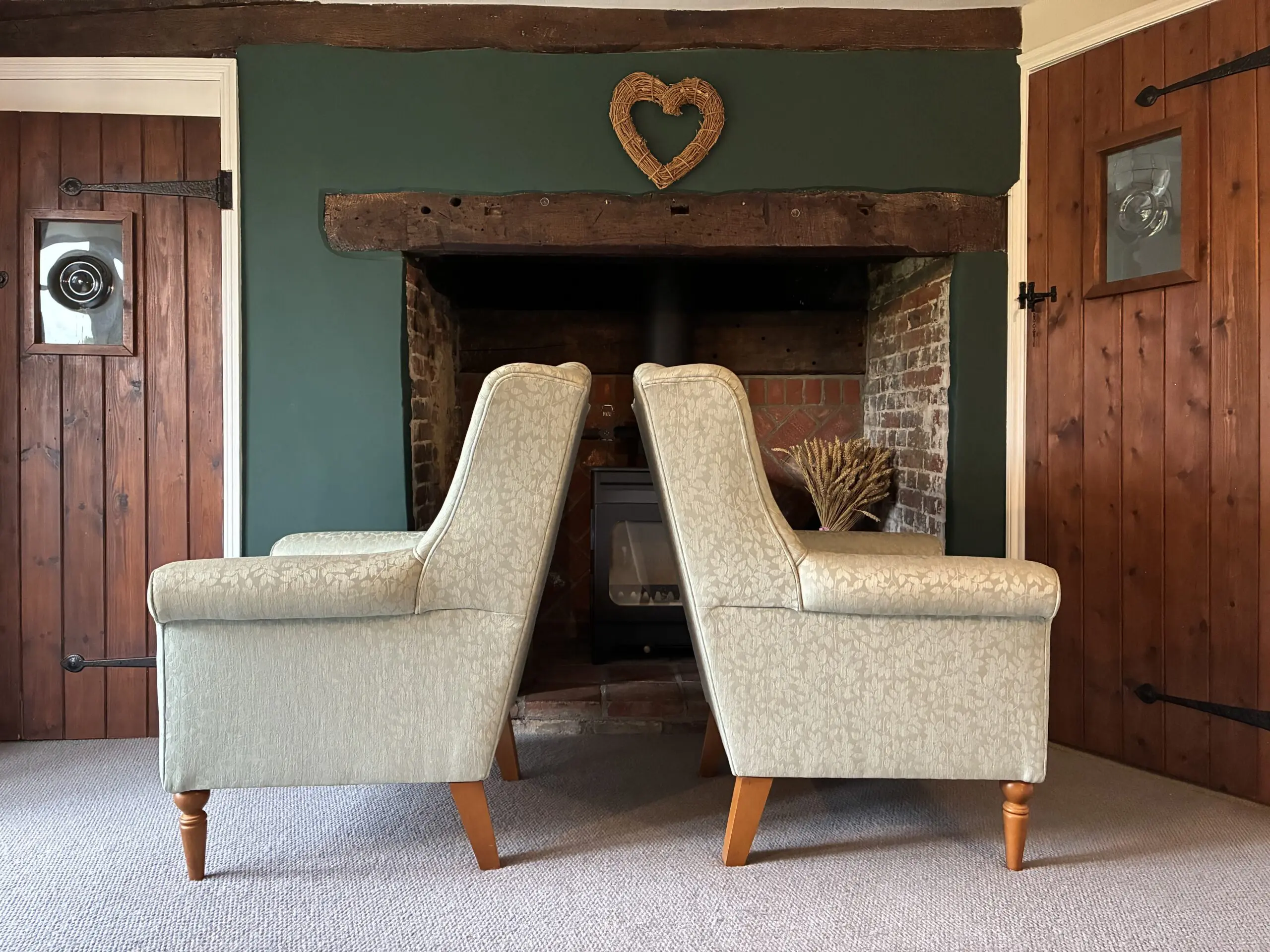 Pair of Laura Ashley Wing-Back Armchairs – Willow-leaf style fabric, great condition