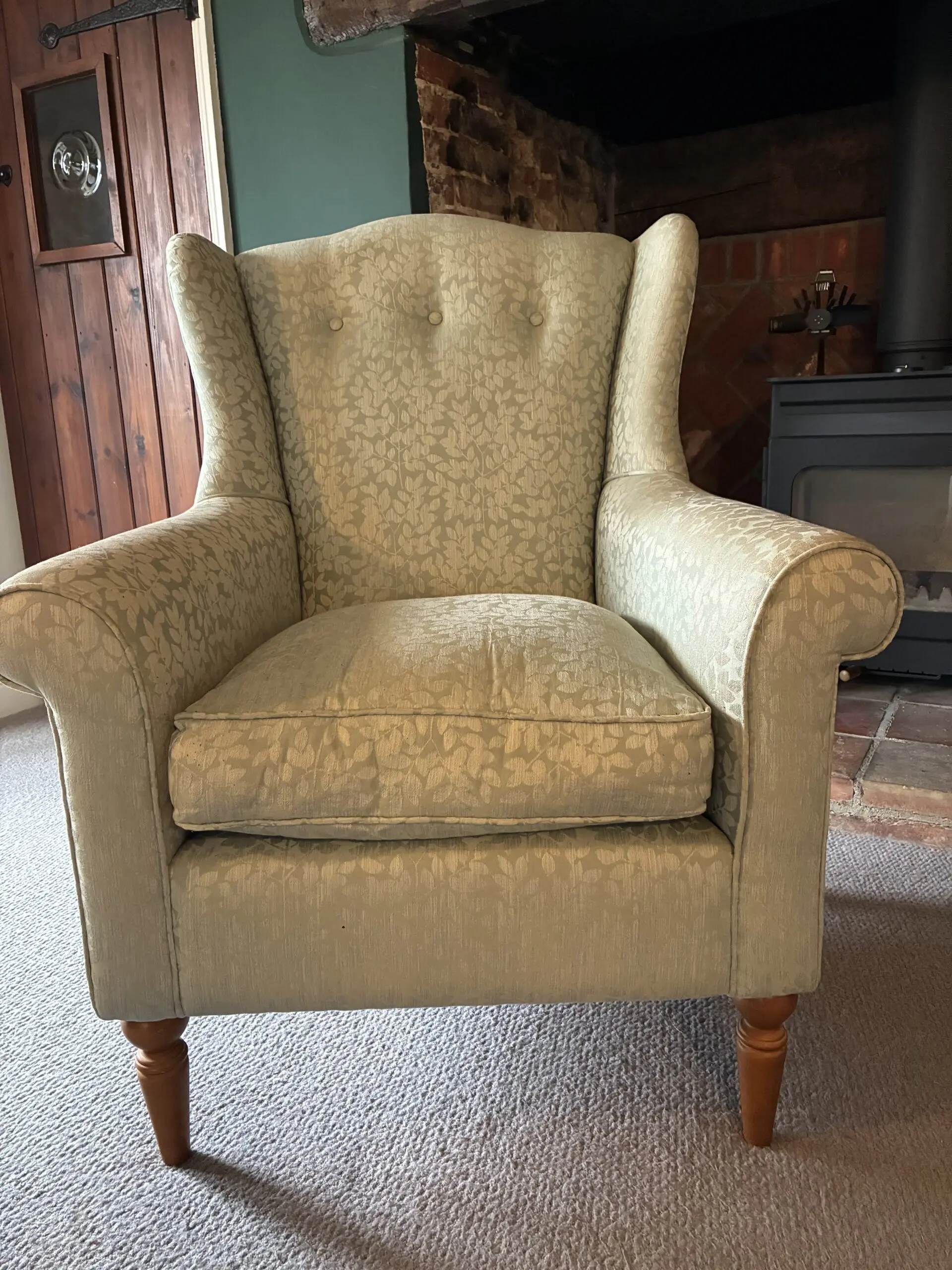Pair of Laura Ashley Wing-Back Armchairs – Willow-leaf style fabric, great condition