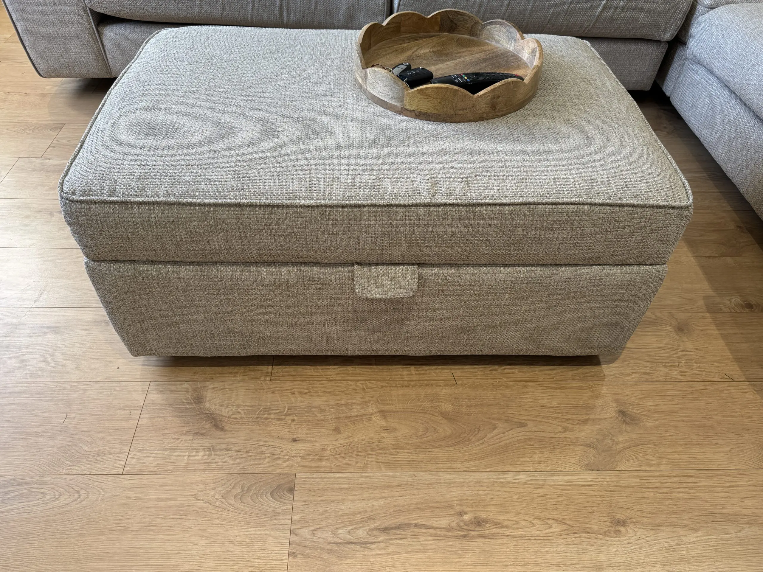 Sofology Sterling 3-Seater + Armchair + Storage Footstool Set – Chunky Woven Stone/Olive **12 months old**