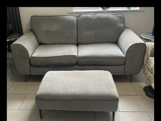 Grey 2 seat sofa & footstool