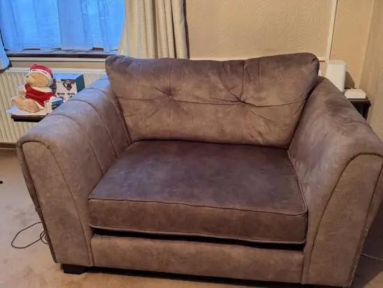 Furniture Village + Dapple Chocolate-Tri + Mariah Classic Back Fabric + Snuggler Chair