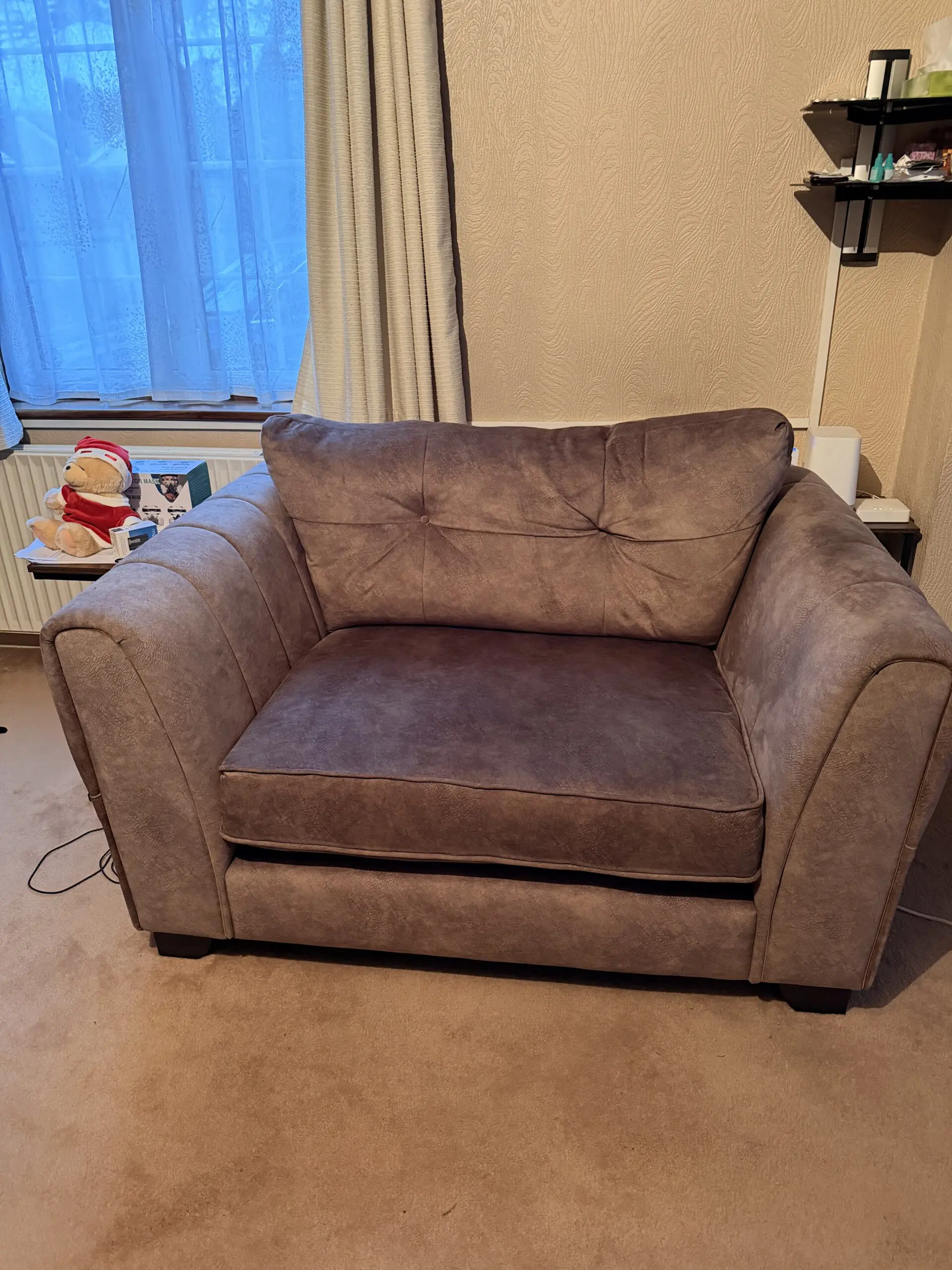 Furniture Village + Dapple Chocolate-Tri + Mariah Classic Back Fabric + Snuggler Chair