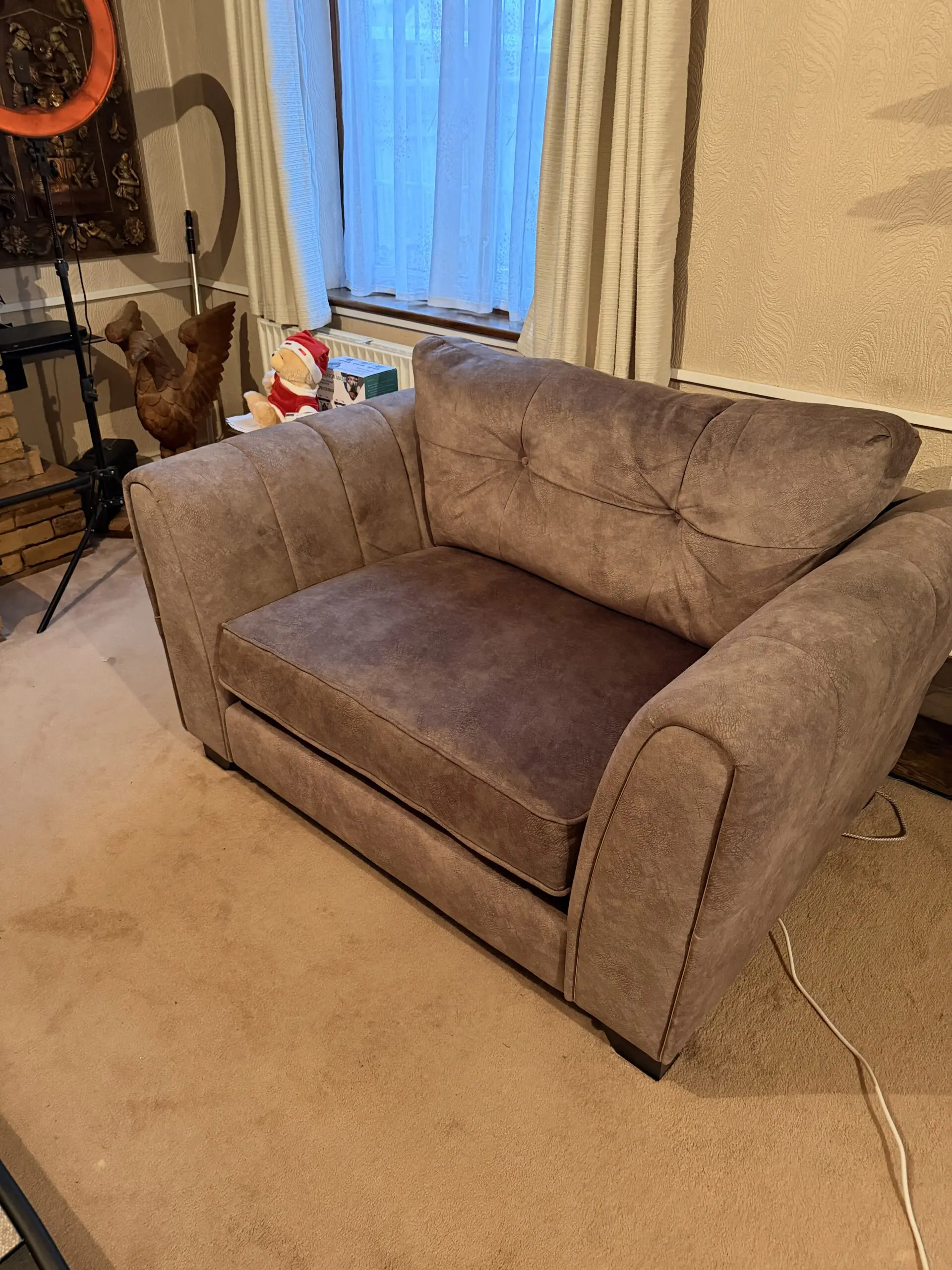 Furniture Village + Dapple Chocolate-Tri + Mariah Classic Back Fabric + Snuggler Chair