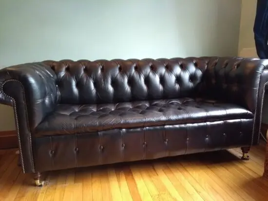Chesterfields of England Black Antique Leather 3-Seater Sofa, x2 Club Chairs and Footstool