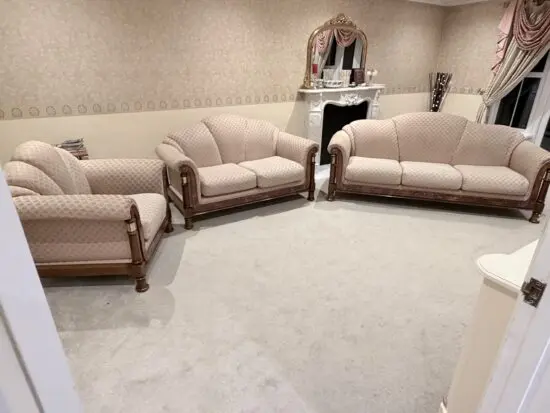 Vintage wood/peach/pink 3 piece sofa set