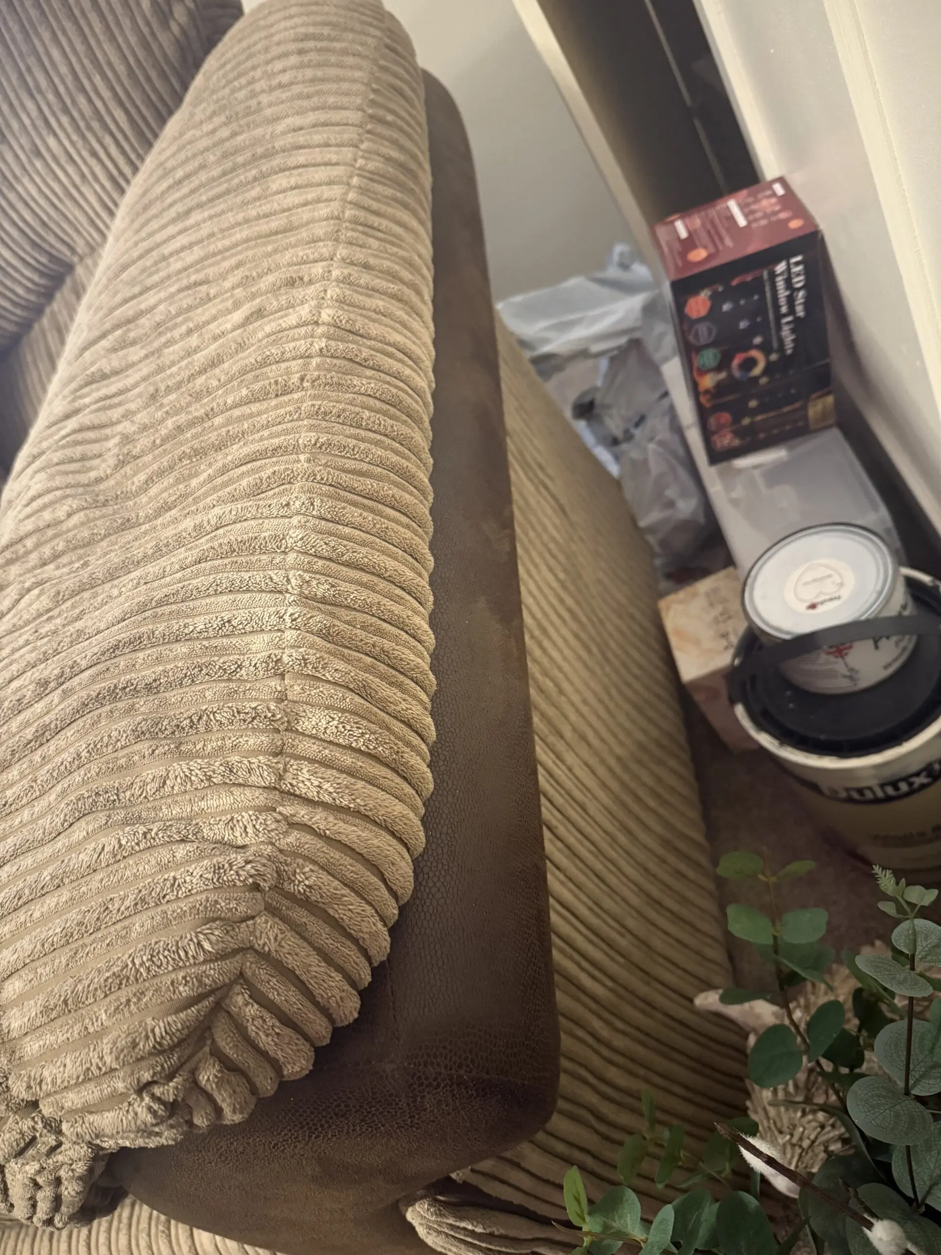 DFS light brown corduroy sofas with dark brown faux leather trim