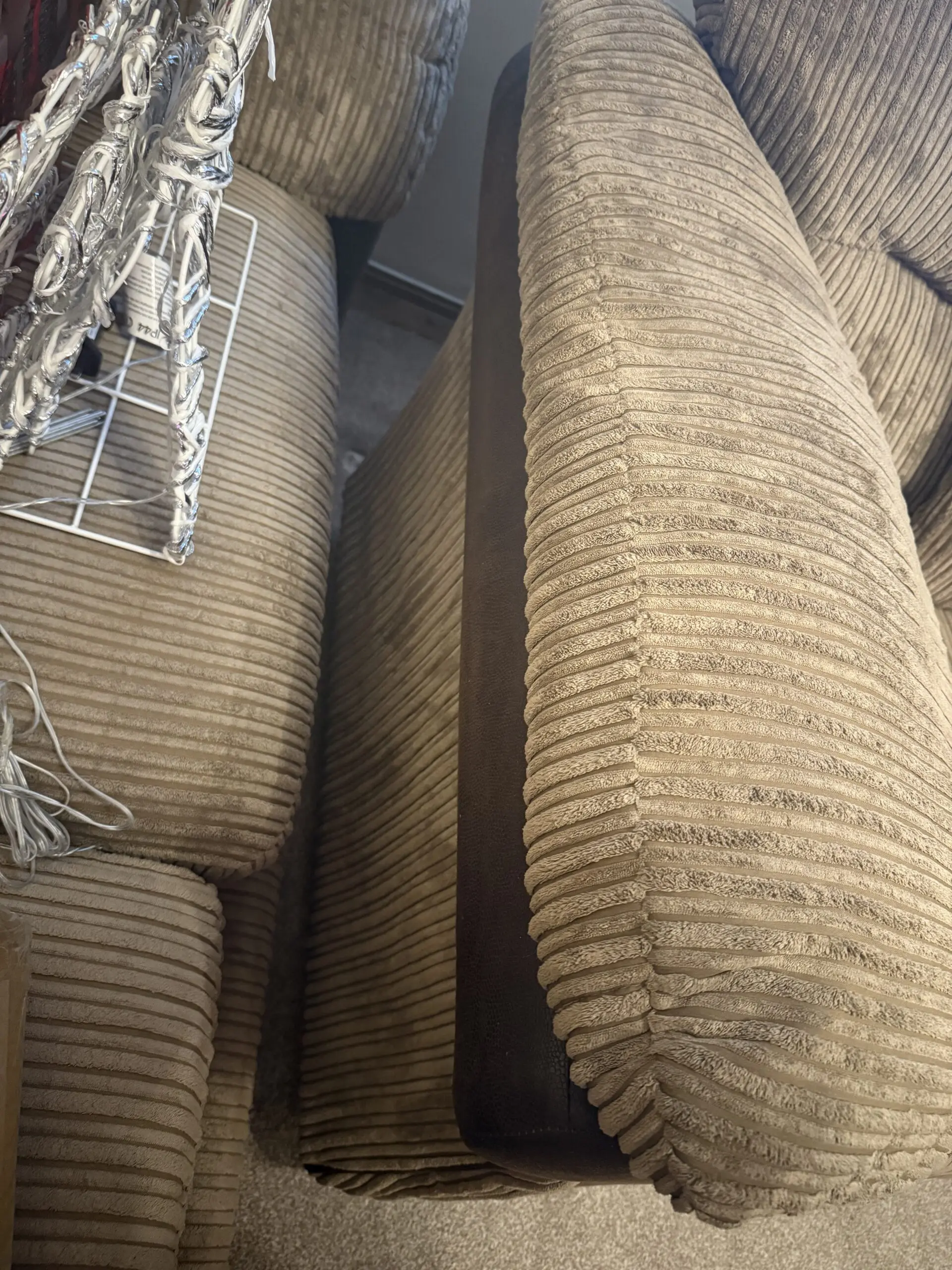 DFS light brown corduroy sofas with dark brown faux leather trim