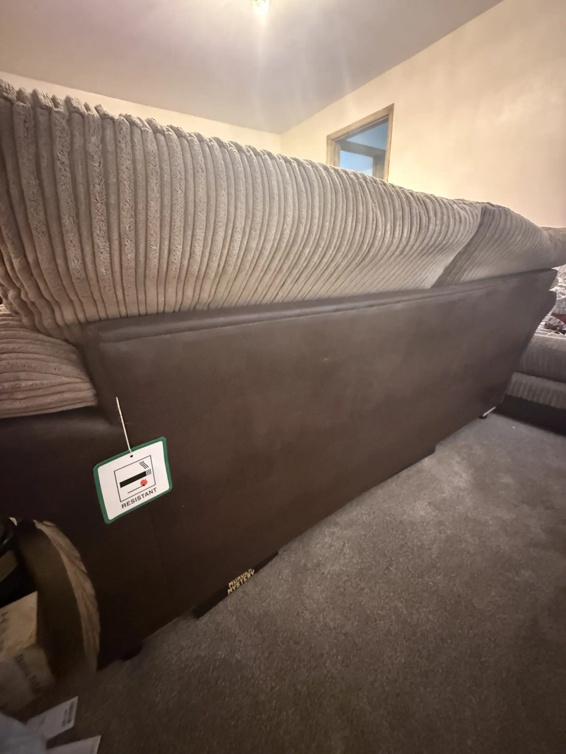 DFS light brown corduroy sofas with dark brown faux leather trim