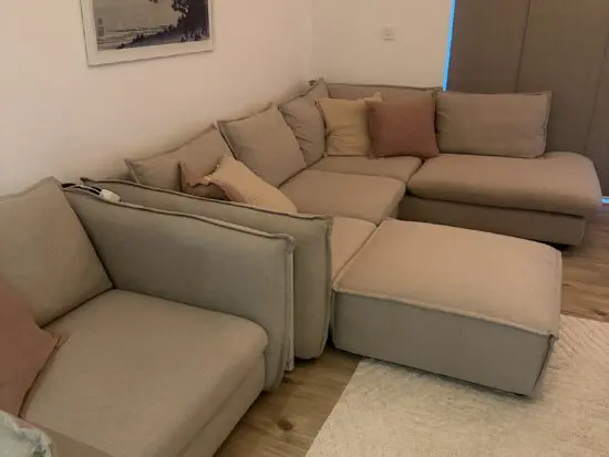 DFS stylish Yuttari oatmeal FM Japanese corner sofa and cuddler chair.