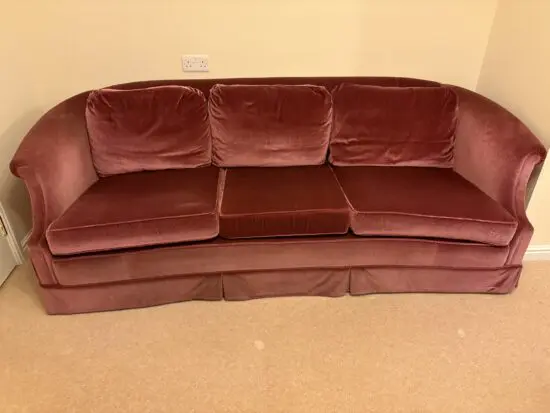 Waring and Gillow 3 seater sofa and easy chair in dusky pink velvet.