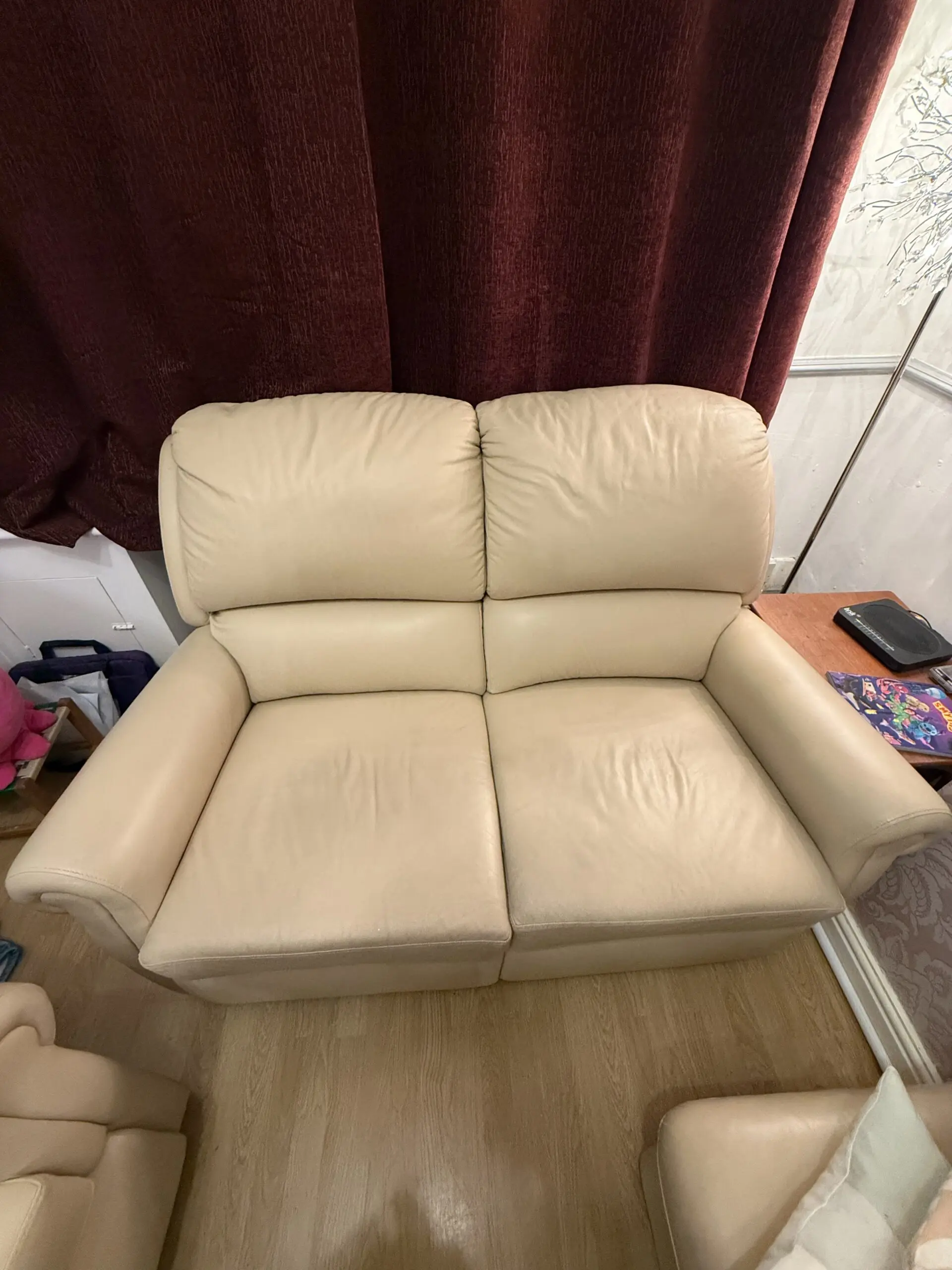 2&3 Beige leather sofas with matching foot stool