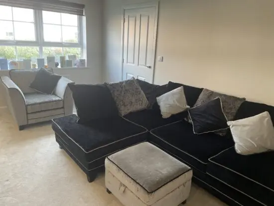 Crushed velvet corner sofa, one seater sofa and storage pouffe/footstool