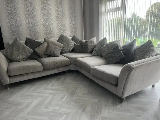 DFS grey velour corner sofa and matching 2/3 seater sofa