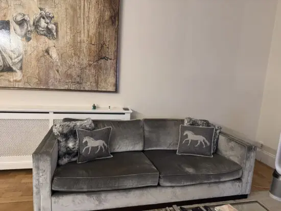 Custom made luxurious grey velvet sofa