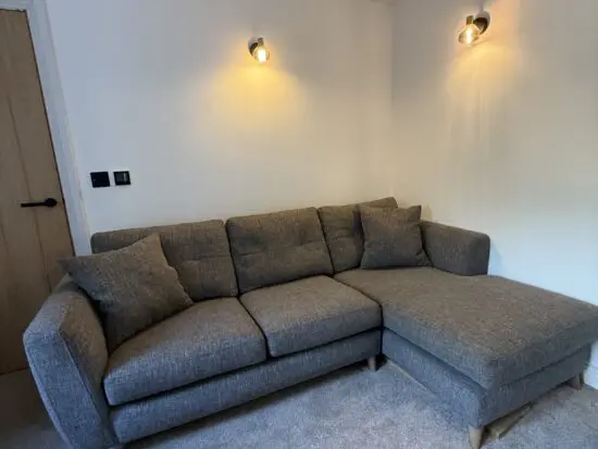 Lounge Co - Grey - Right chaise end sofa, snuggler chair, storage cube footstool & cushion