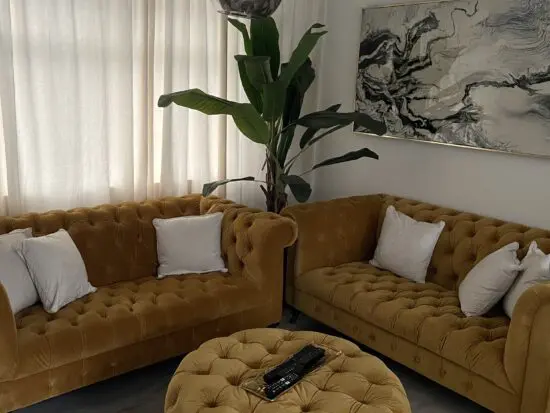 York Mustard 2 Seater Sofa x 2 and matching ottoman