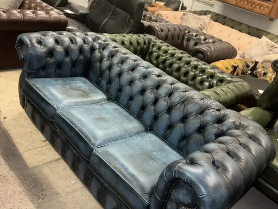 Chesterfield blue real leather three seater sofa