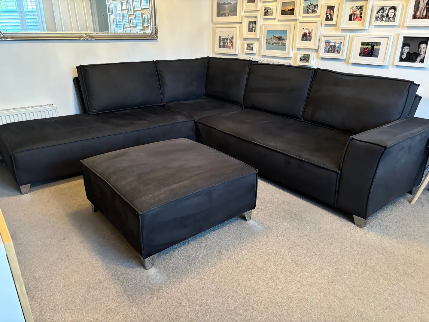 Right Hand Facing Corner Sofa with Chaise, Footstool and Love Seat - Dark Grey