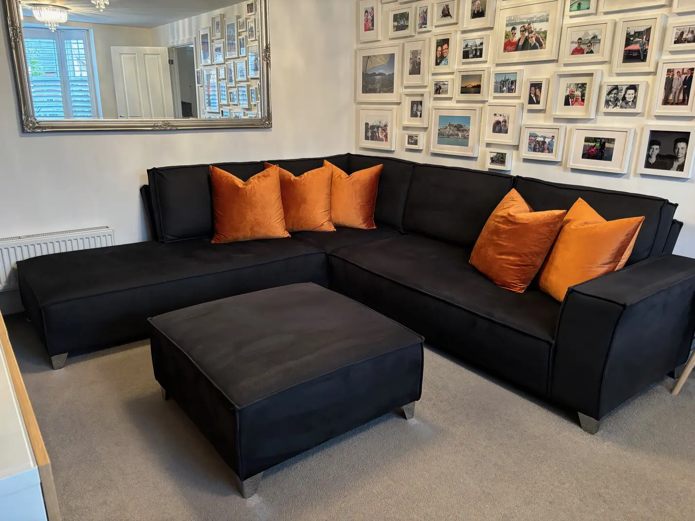 Right Hand Facing Corner Sofa with Chaise, Footstool and Love Seat - Dark Grey
