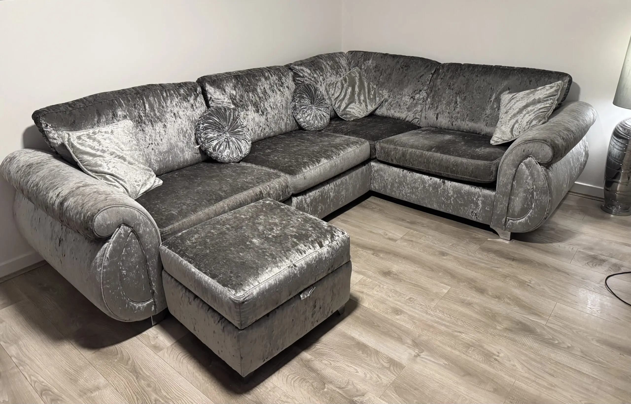 DFS Mystify Formal Back Left Hand Facing Arm 3 Seater Corner With Matching storage stool