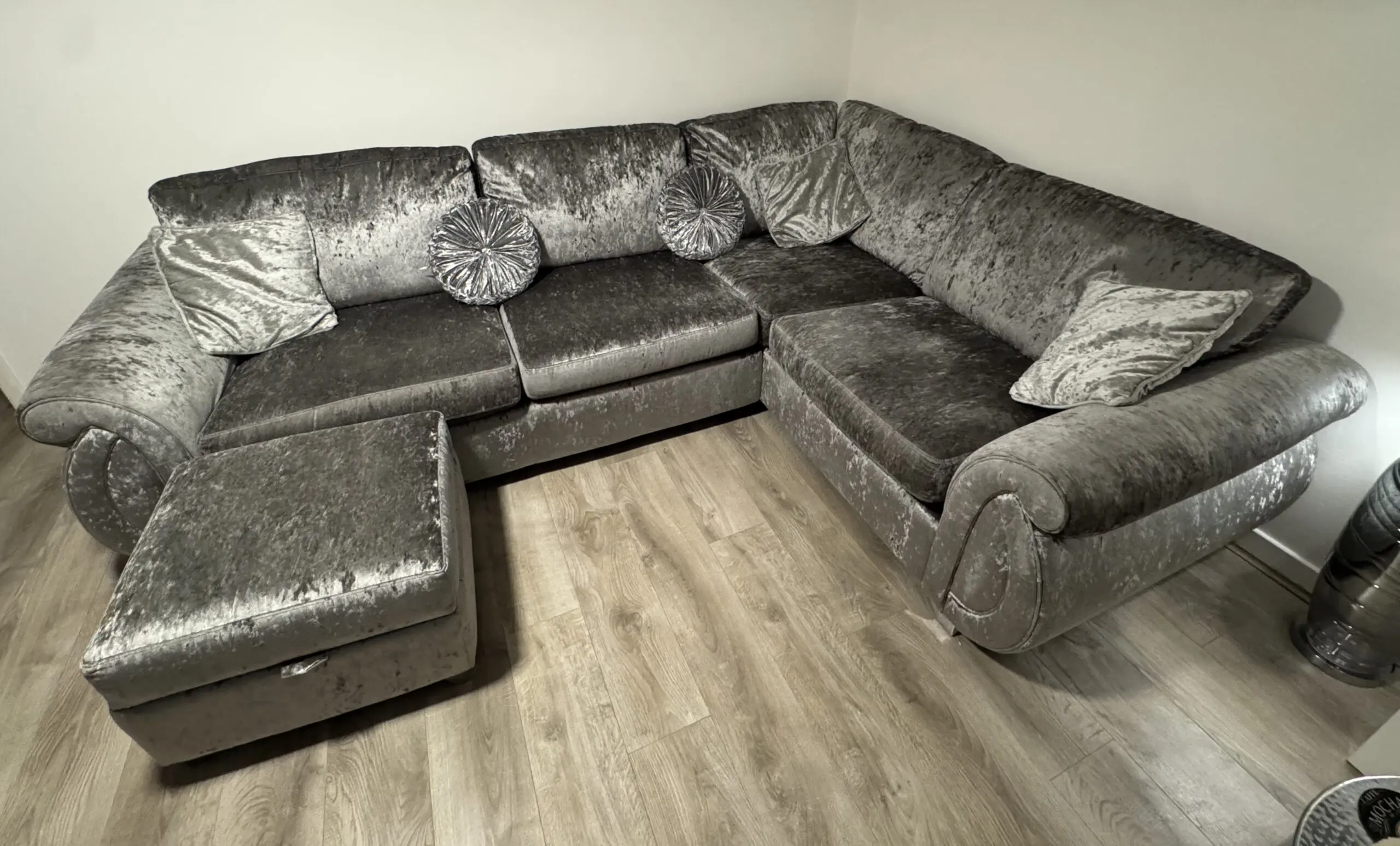 DFS Mystify Formal Back Left Hand Facing Arm 3 Seater Corner With Matching storage stool