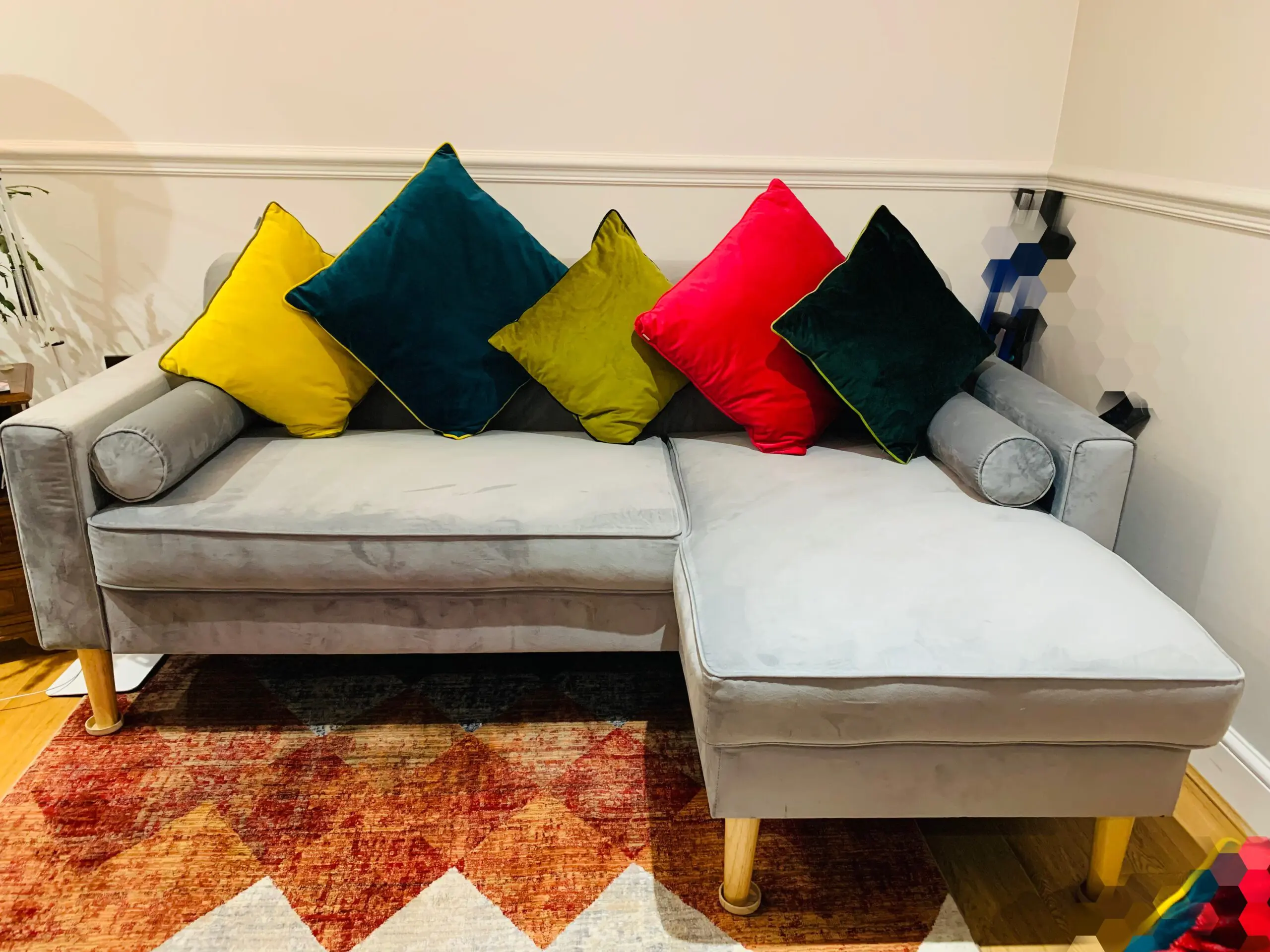 3 seater L-shaped sofa and footstool - Silver Grey velvet - Idris - Furniture123