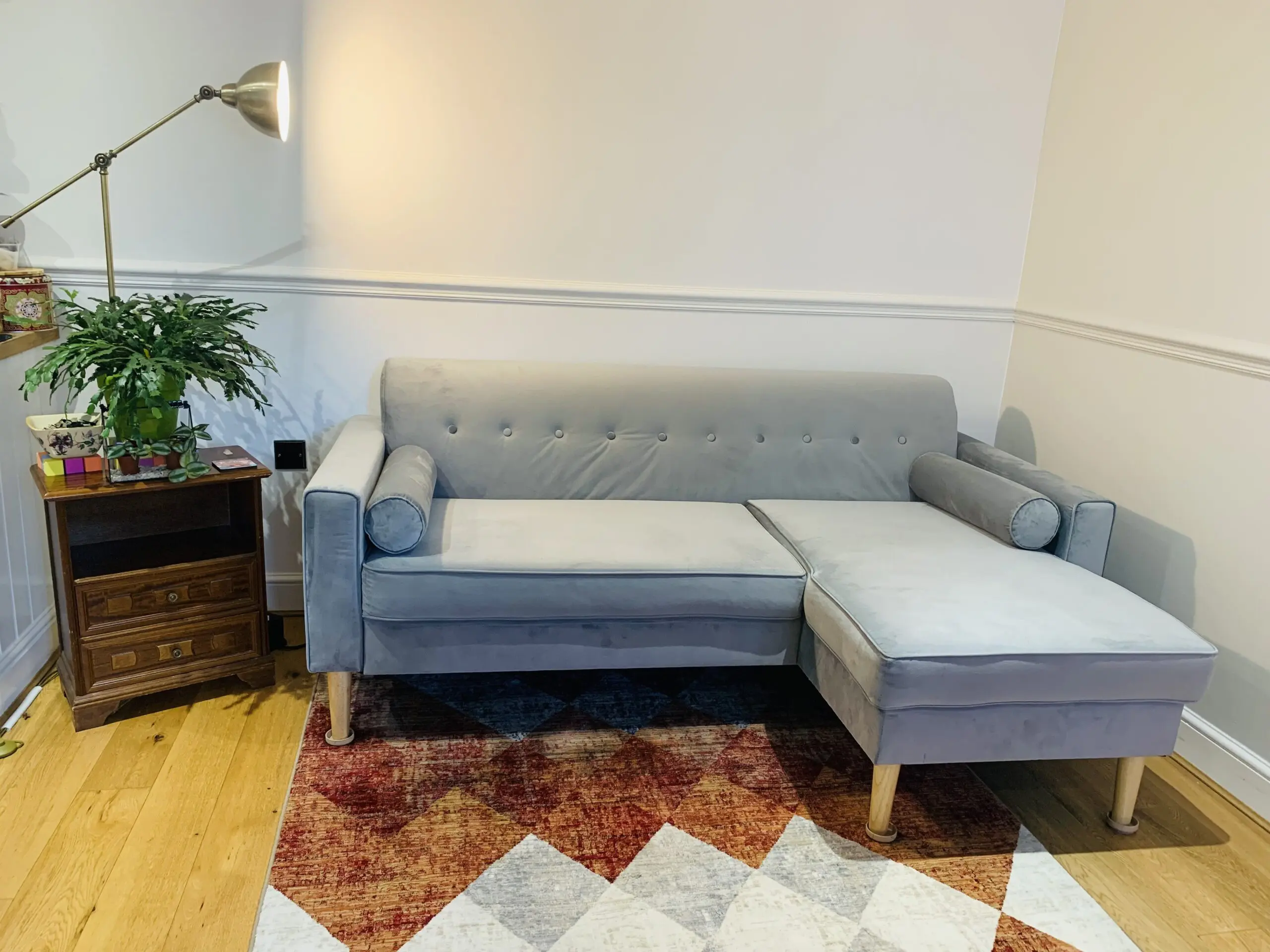 3 seater L-shaped sofa and footstool - Silver Grey velvet - Idris - Furniture123