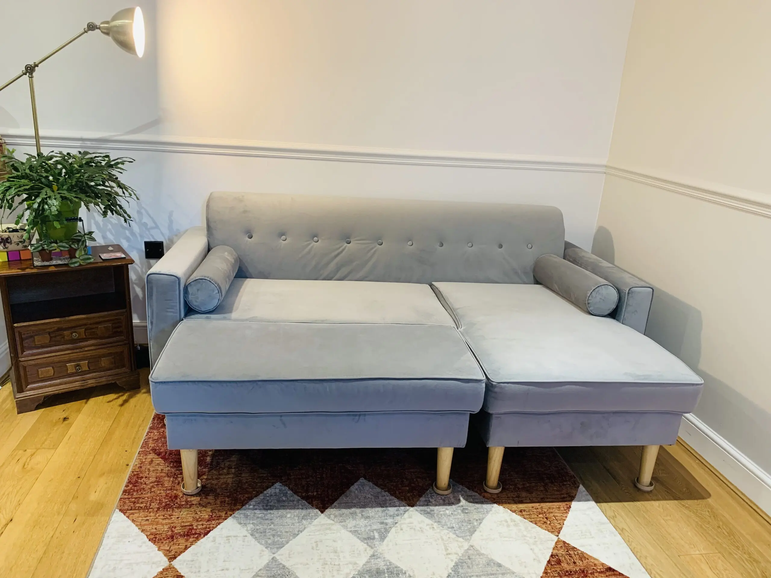 3 seater L-shaped sofa and footstool - Silver Grey velvet - Idris - Furniture123