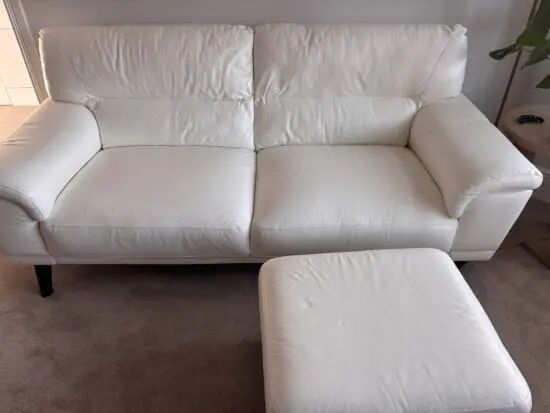 Like-New White Leather Sofa – Modern & Luxurious 3 seater sofa and storage footstool