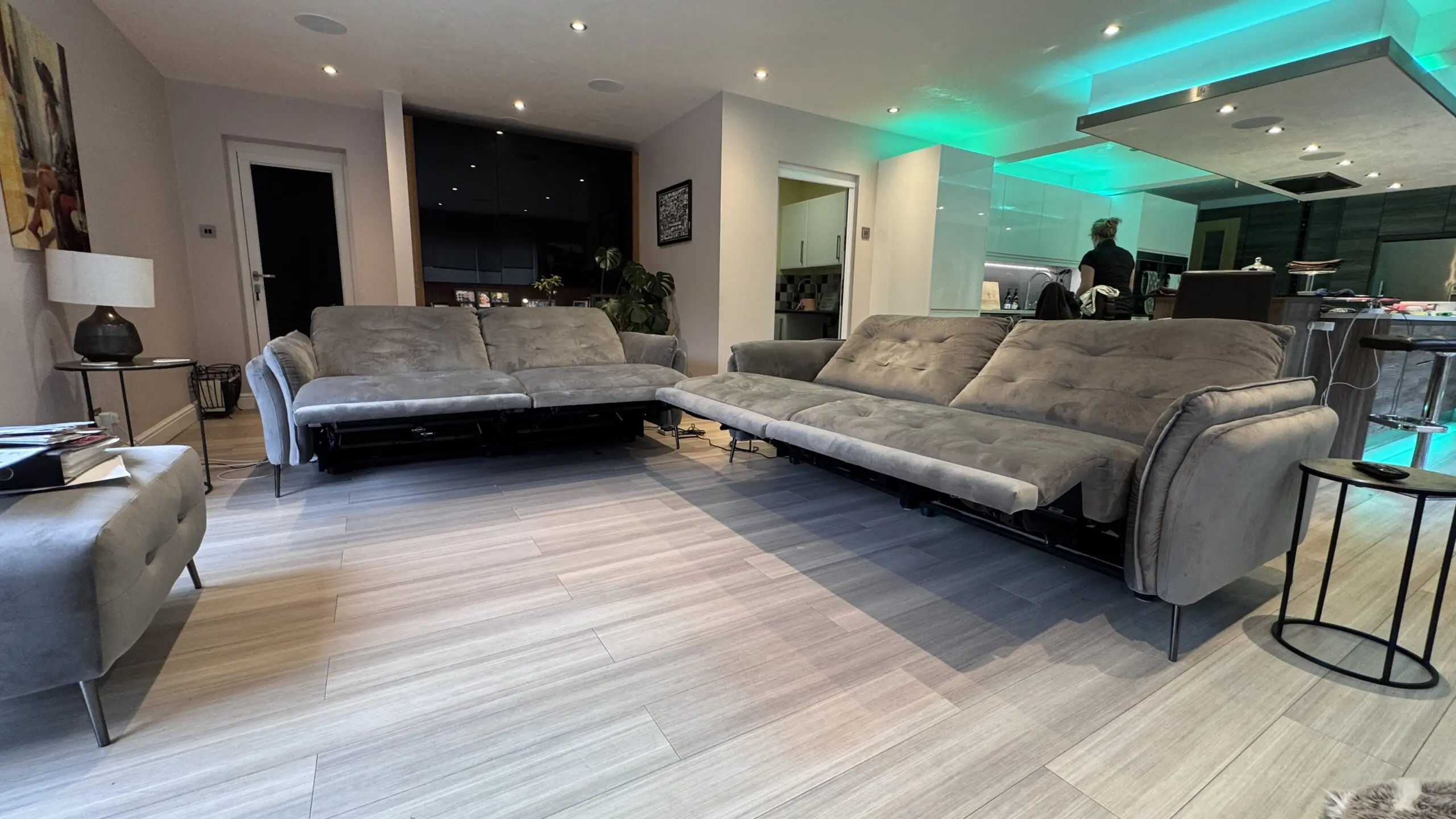 Two Large electric reclining sofas & footstool