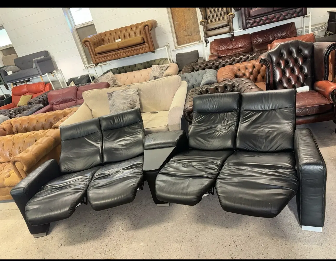 Himolla black real leather reclining cinema set four seater sofa