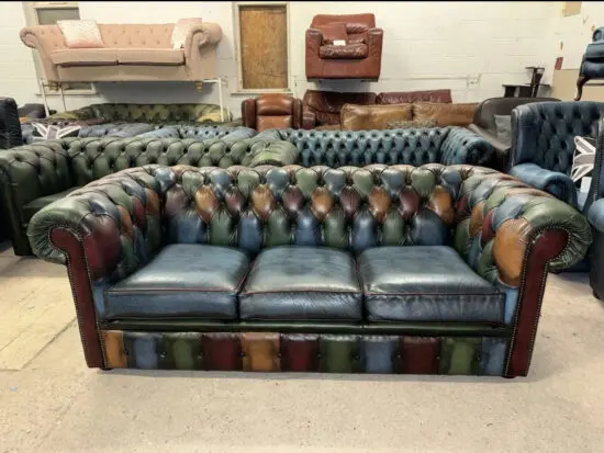 Chesterfield harlequin patchwork real leather three seater sofa