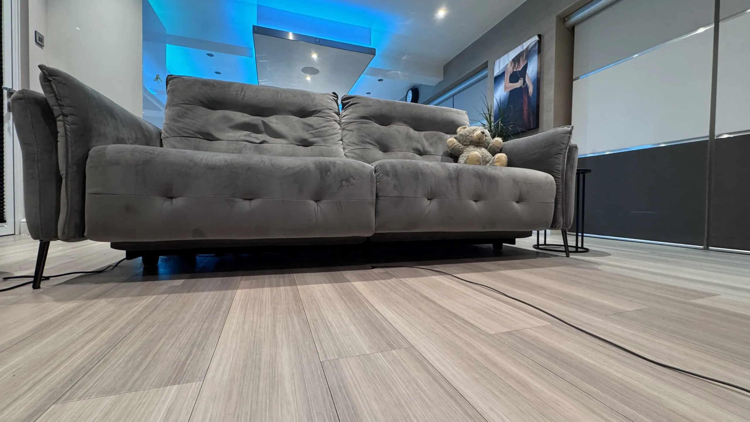 Two Large electric reclining sofas & footstool