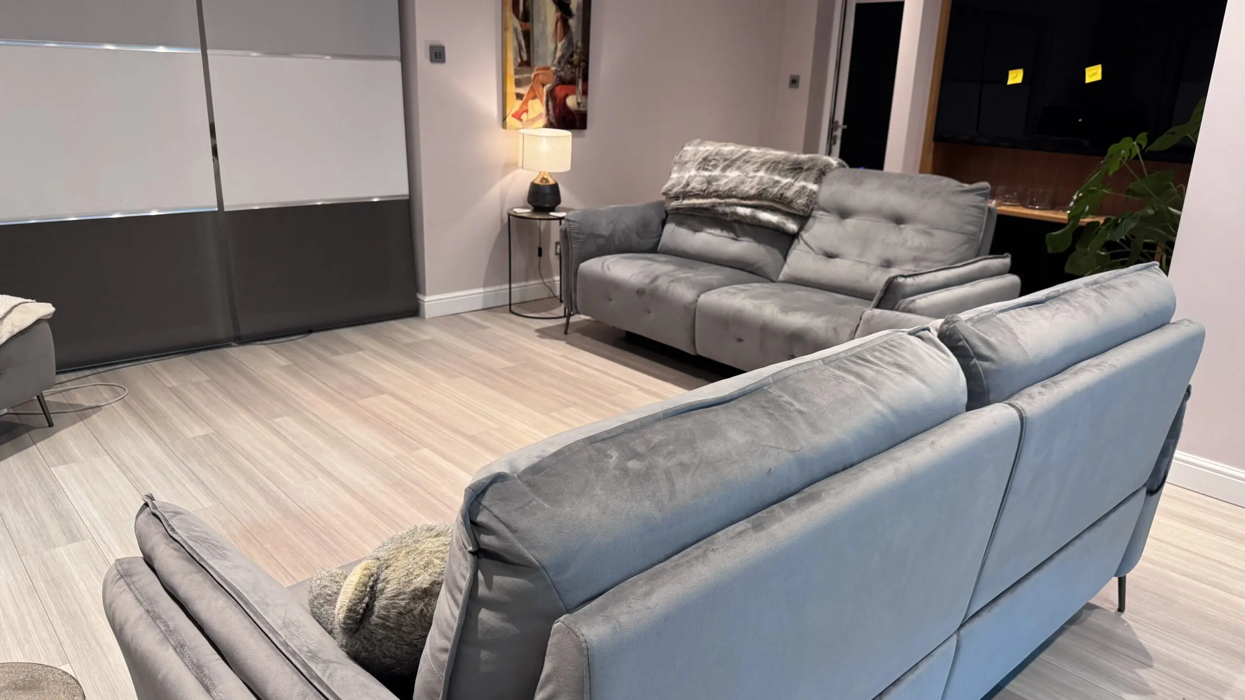 Two Large electric reclining sofas & footstool