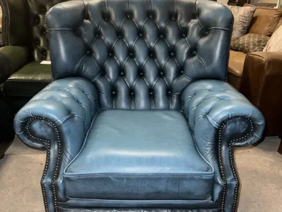 Chesterfield blue real leather wingback chair