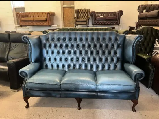 Chesterfield blue real leather three seater wingback sofa