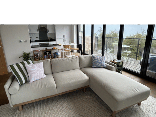 Daals Timber Oatmeal Fabric Sofa, Large 3-Seater Chaise Sofa Right Hand Facing with Ottoman