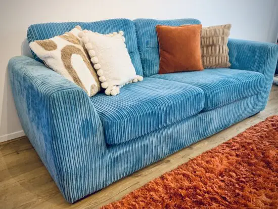 3 x DFS three seater luxury sofas in Teal velour corduroy.