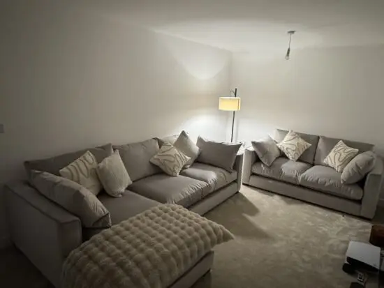 DFS grey kaizer chaise sofa and pouffe