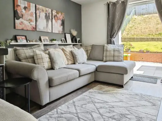 Dfs grey Owen left hand facing corner sofa and footstool